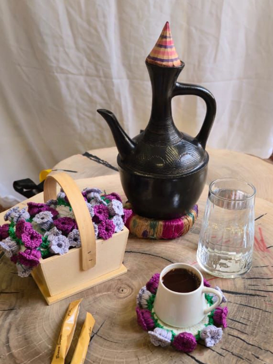 Picture of Floral Crochet Coaster Set for Traditional Coffee (Purple and White)