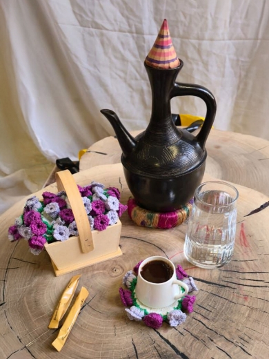 Picture of Floral Crochet Coaster Set for Traditional Coffee (Purple and White)
