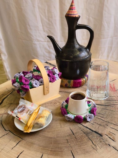 Picture of Floral Crochet Coaster Set for Traditional Coffee (Purple and White)