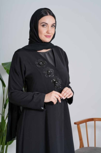 Picture of "3D Rose" Black Abaya (Coat Collar)