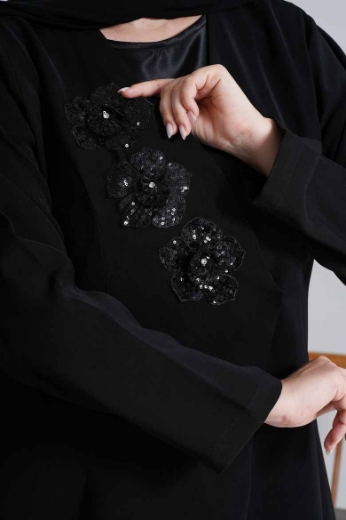 Picture of "3D Rose" Black Abaya (Coat Collar)